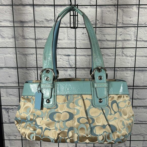 Coach Handbags - Coach Signature Stripe Tote Bag Khaki Blue Patent Leather Trim - EUC